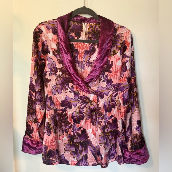 Anthropologie Luxe Pink Purple Floral Button Up Top- Size XS - Picture 3 of 8